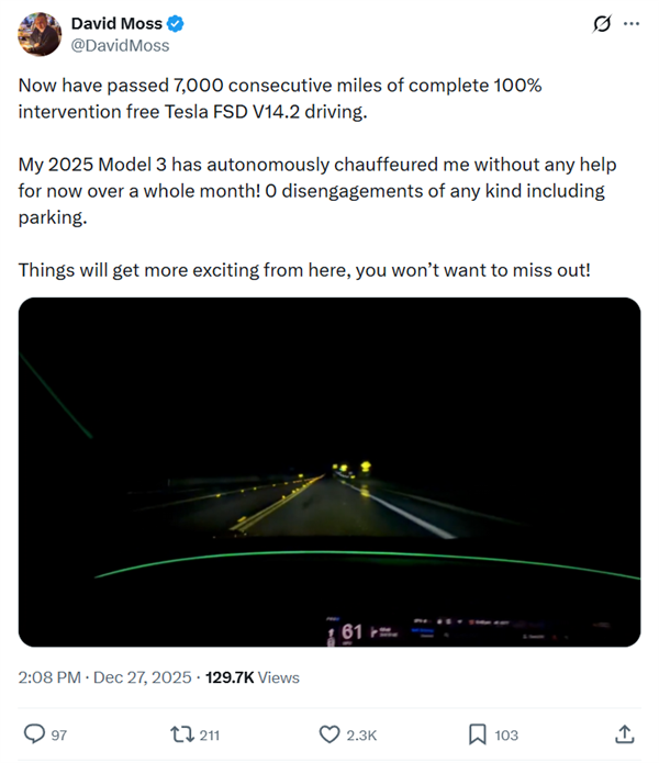 真自动驾驶！海外一特斯拉车主使用FSD连开7000英里 全程无接管