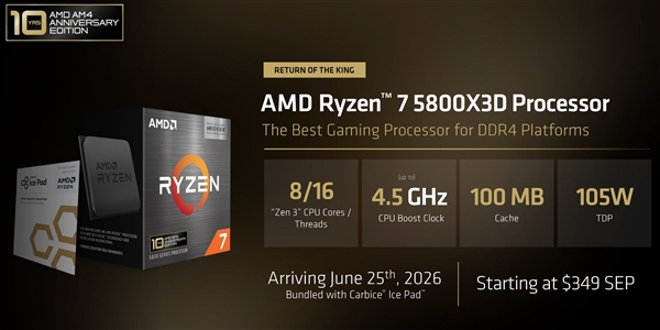 能打i9-14900K!AMD锐龙7 5800X3D十周年纪念版发布:售价2300+元