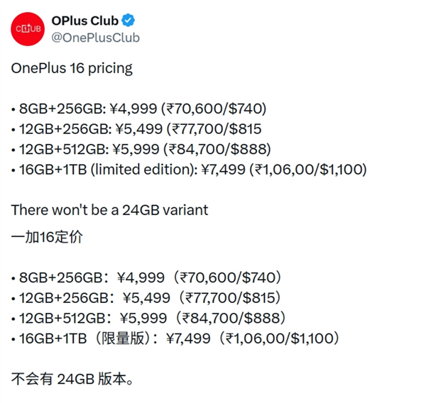 手机继续涨价序幕将拉开!一加16定价曝光:8GB+256GB版4999元