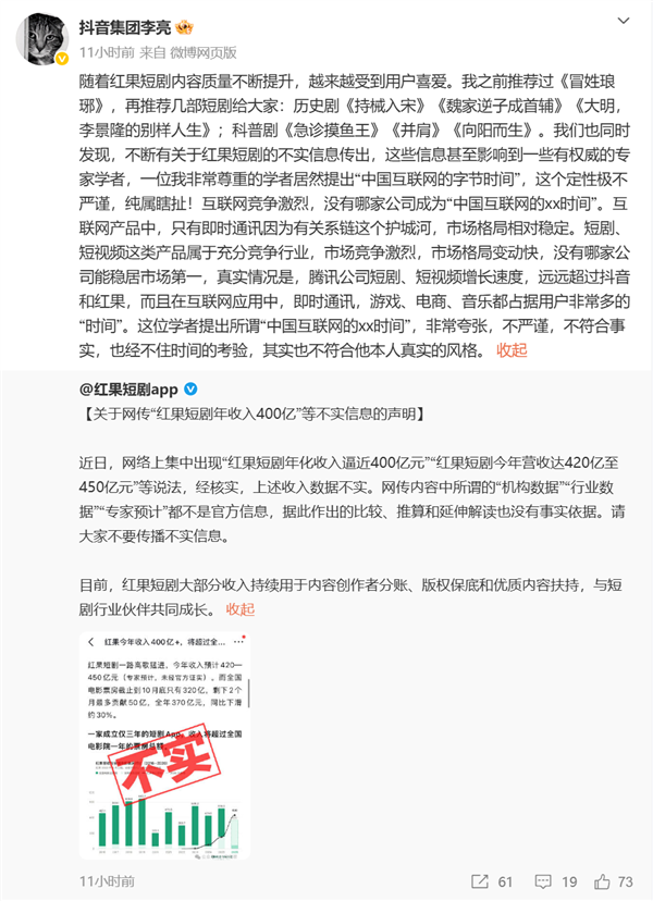 抖音副总裁:腾讯短剧、短视频增长速度快 远超抖音和红果